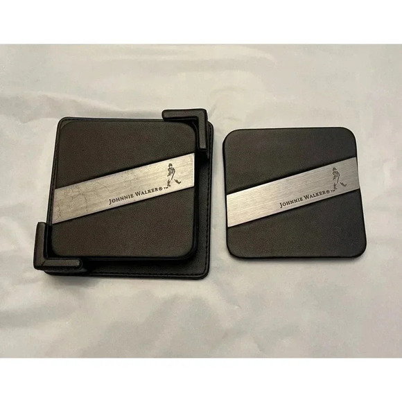 Set of 4 Johnnie Walker Leather Coaster Black Silver Band 10x10 - Picture 5 of 7